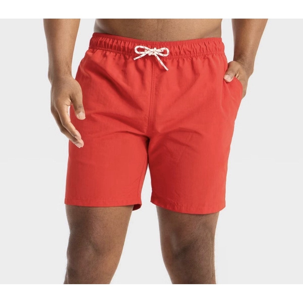Red Swim Trunks Men's Medium‎ 7" Inseam Elastic Waist Drawstring NWT